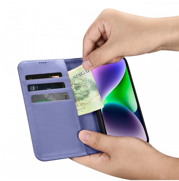 iCarer Plånboksfodral 2-i-1-fodral iPhone 14 Plus Anti-RFID-läder Flipfodral Ljuslila (WMI14220727-LP)