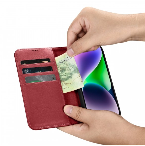 iCarer Plånboksfodral 2-i-1-fodral iPhone 14 Plus Anti-RFID-läder Flip-fodral Röd (WMI14220727-RD)