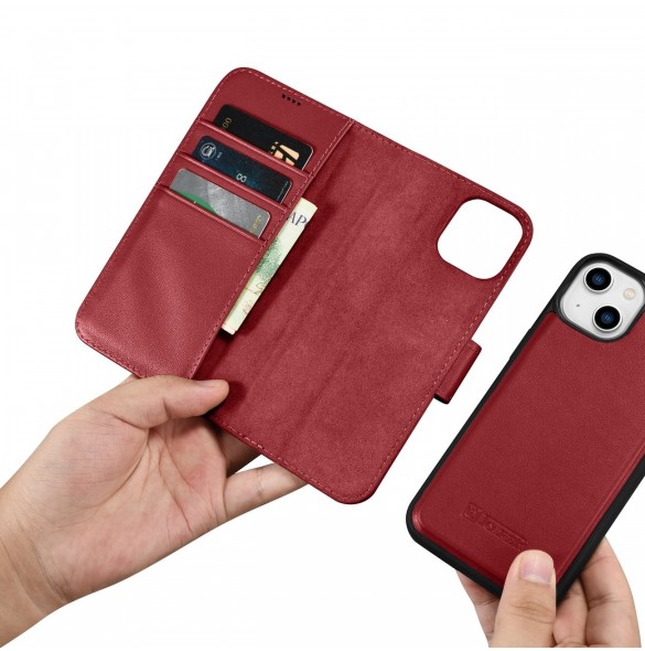 iCarer Plånboksfodral 2-i-1-fodral iPhone 14 Plus Anti-RFID-läder Flip-fodral Röd (WMI14220727-RD)