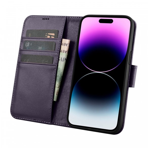 iCarer Plånboksfodral 2-i-1-fodral iPhone 14 Pro Anti-RFID-läder Flipfodral Mörklila (WMI14220726-DP)