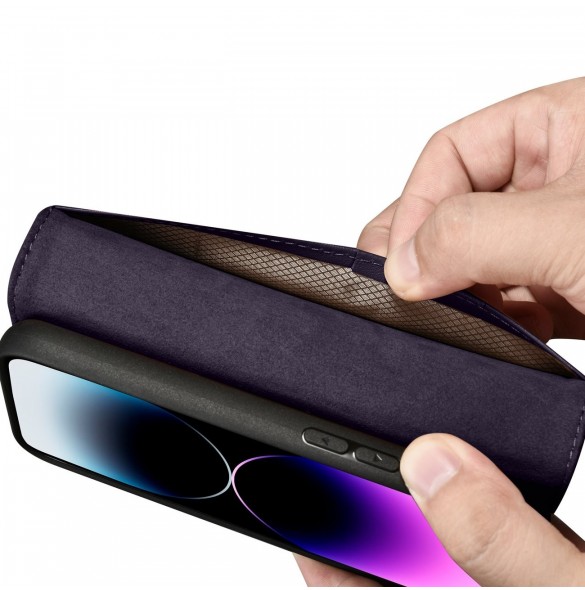 iCarer Plånboksfodral 2-i-1-fodral iPhone 14 Pro Anti-RFID-läder Flipfodral Mörklila (WMI14220726-DP)