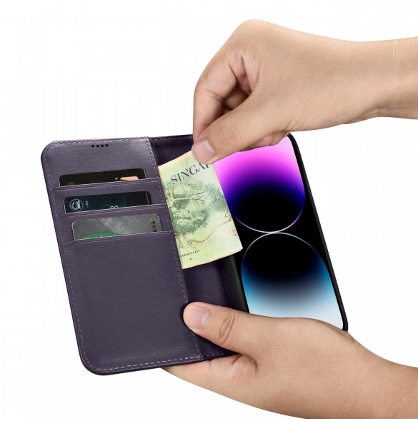 iCarer Plånboksfodral 2-i-1-fodral iPhone 14 Pro Anti-RFID-läder Flipfodral Mörklila (WMI14220726-DP)