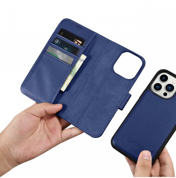 iCarer Wallet Case 2-in1 Cover iPhone 14 Pro Leather Flip Case Anti-RFID blå (WMI14220726-BU)
