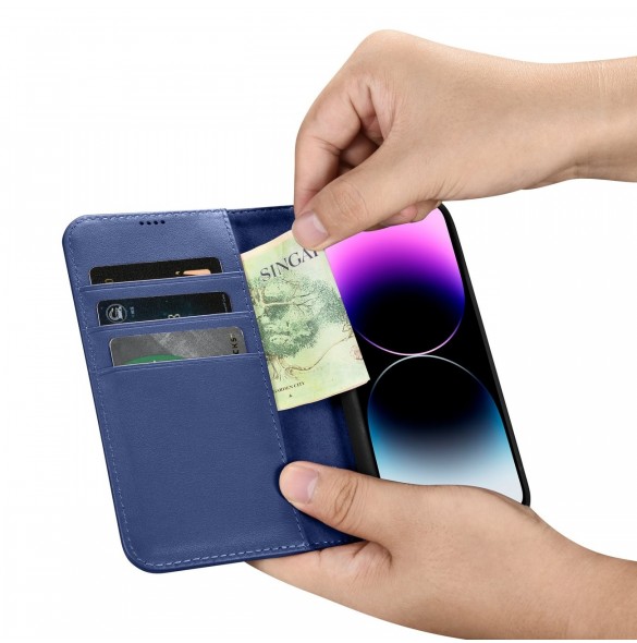 iCarer Wallet Case 2-in1 Cover iPhone 14 Pro Leather Flip Case Anti-RFID blå (WMI14220726-BU)