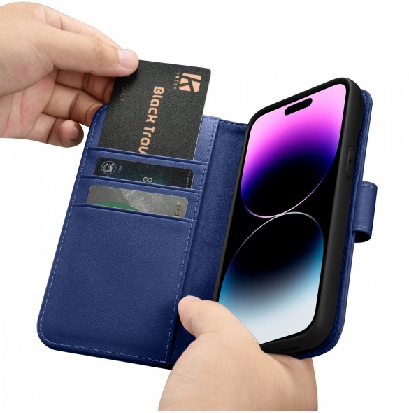 iCarer Wallet Case 2-in1 Cover iPhone 14 Pro Leather Flip Case Anti-RFID blå (WMI14220726-BU)