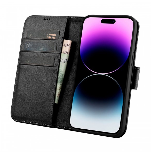 iCarer Plånboksfodral 2-i-1 skal iPhone 14 Pro Leather Flip Cover Anti-RFID svart (WMI14220726-BK)
