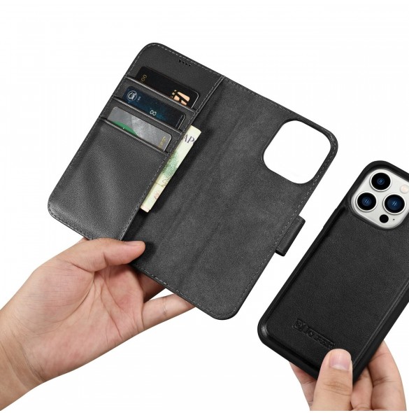 iCarer Plånboksfodral 2-i-1 skal iPhone 14 Pro Leather Flip Cover Anti-RFID svart (WMI14220726-BK)
