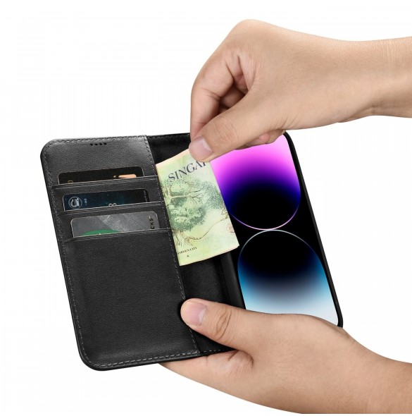 iCarer Plånboksfodral 2-i-1 skal iPhone 14 Pro Max Läder Flip Cover Anti-RFID svart (WMI14220728-BK)
