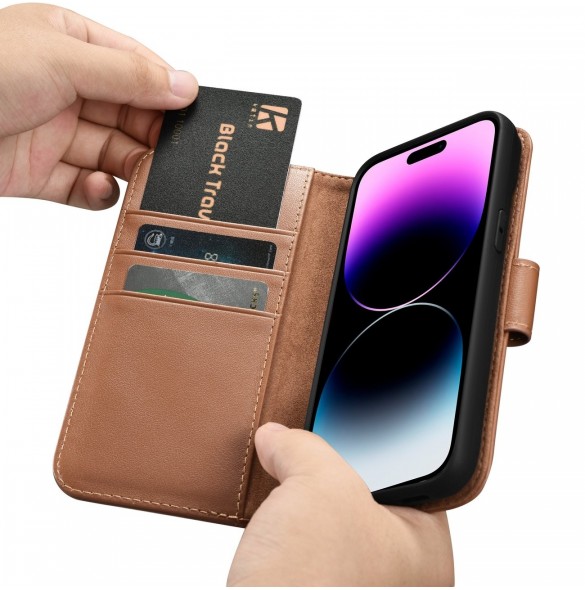 iCarer Plånboksfodral 2-i-1 skal iPhone 14 Pro Max Läder Flip Cover Anti-RFID Brun (WMI14220728-BN)