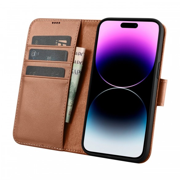 iCarer Wallet Case 2in1 iPhone 14 Pro Leather Flip Case Anti-RFID brun (WMI14220726-BN)