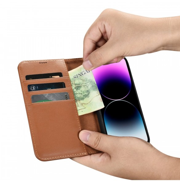 iCarer Wallet Case 2in1 iPhone 14 Pro Leather Flip Case Anti-RFID brun (WMI14220726-BN)