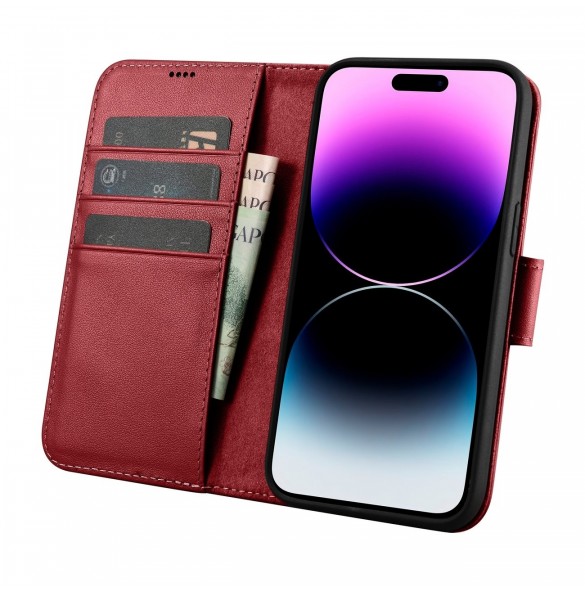 iCarer Wallet Case 2in1 iPhone 14 Pro Leather Flip Case Anti-RFID röd (WMI14220726-RD)