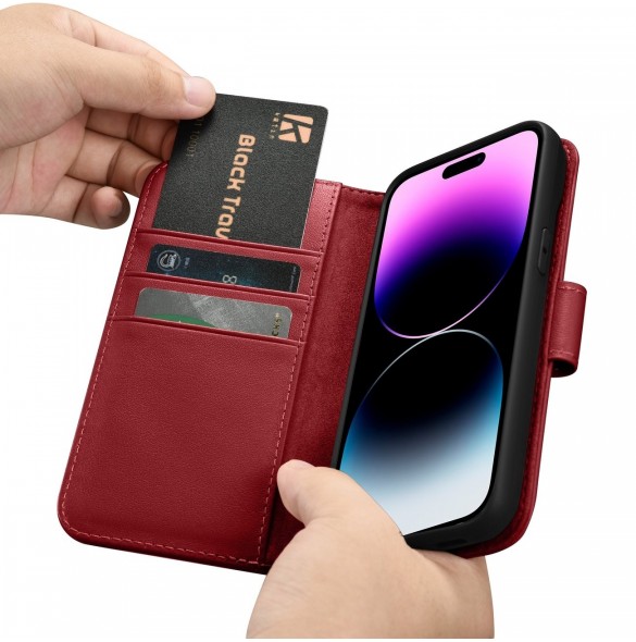 iCarer Wallet Case 2in1 iPhone 14 Pro Leather Flip Case Anti-RFID röd (WMI14220726-RD)