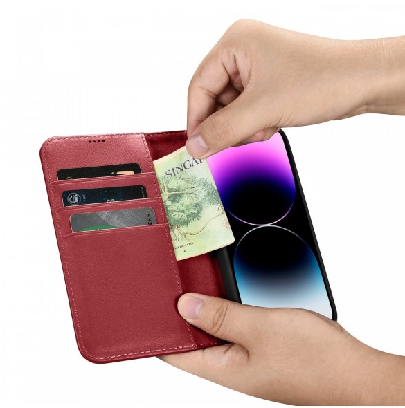 iCarer Wallet Case 2in1 iPhone 14 Pro Leather Flip Case Anti-RFID röd (WMI14220726-RD)
