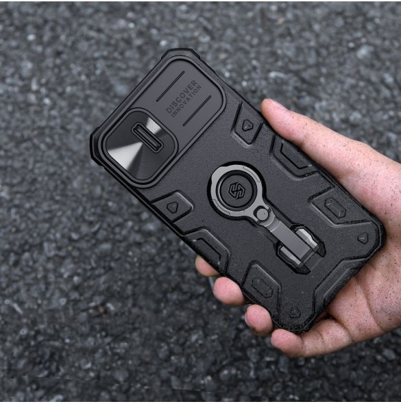 Nillkin CamShield Armor Pro Case Cover iPhone 14 Plus Armor Cover med kameraskydd Ring Stativ Svart