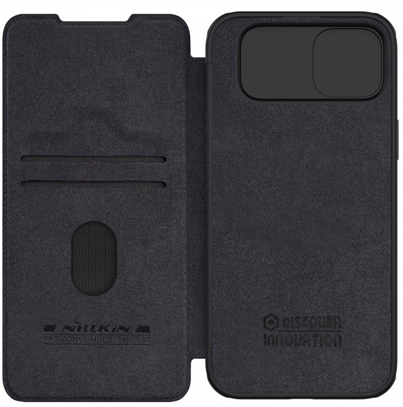 Nillkin Qin Pro Läder Flip-fodral med kameraskal till iPhone 15 Plus - Svart
