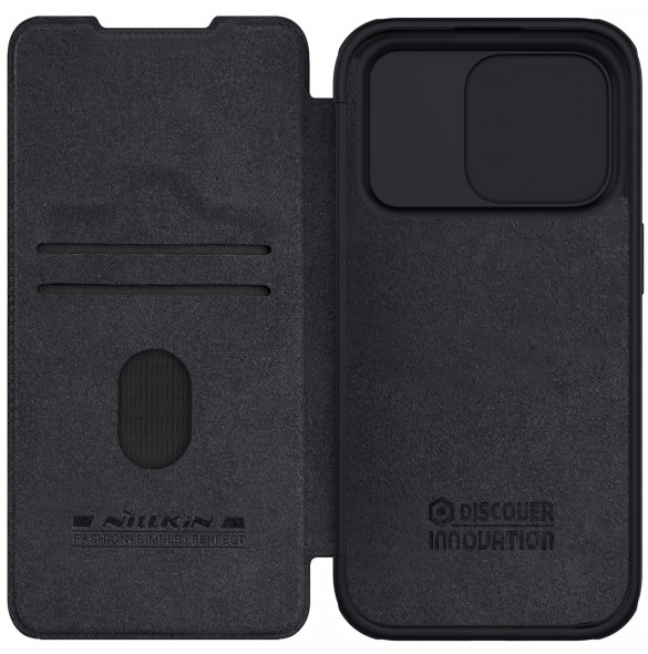 Nillkin Qin Pro Läder Flip-fodral med kameraskal till iPhone 15 Pro - Svart