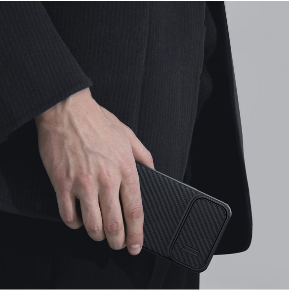 Nillkin Synthetic Fiber S Fodral iPhone 14 Plus med kameraskal svart