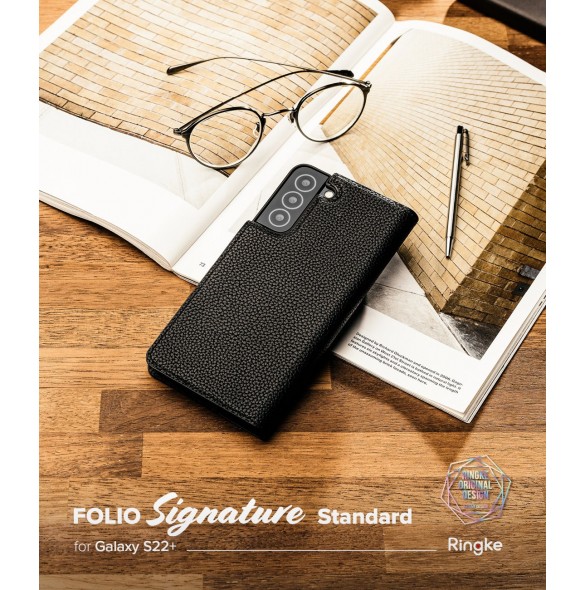 Ringke Folio Signature Flip Läderfodral för Samsung Galaxy S22 + (S22 Plus) Svart (FSS118R262)