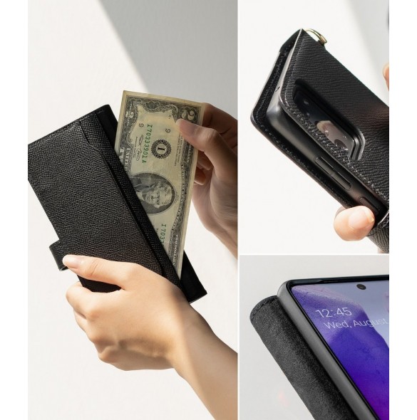 Ringke Folio Signature äkta läderfodral med flik och axelrem för Samsung Galaxy Note 20 svart (FS79R55)