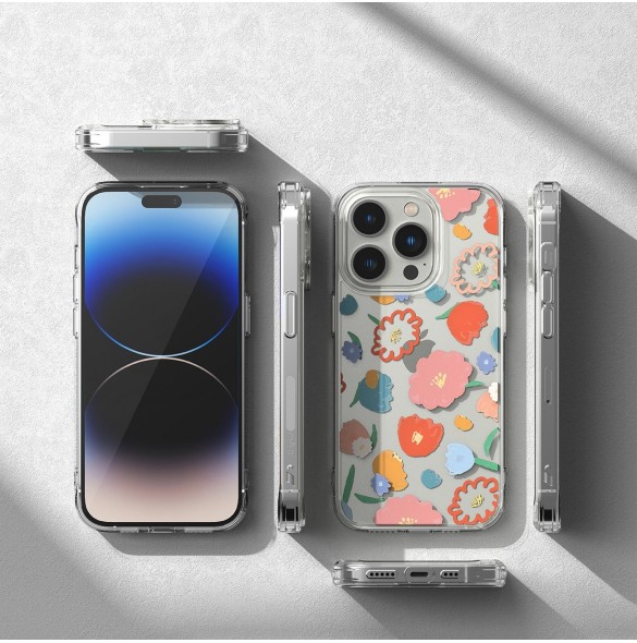 Ringke Fusion Design Armored Sleeve Cover med Gel Frame för iPhone 14 Pro transparent (Blommig) (FD641E31)