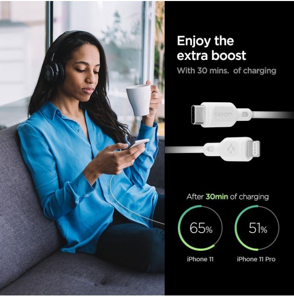 Spigen PE2C10CL 1-PORTS NÄTVERKSLADDARE PD20W + Lightning MFi KABEL VIT