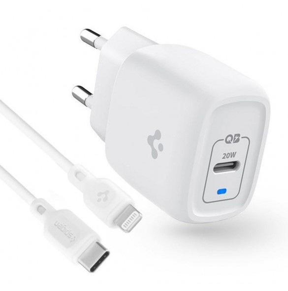 Spigen PE2C10CL 1-PORTS NÄTVERKSLADDARE PD20W + Lightning MFi KABEL VIT