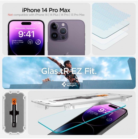 Härdat glas för iPhone 14 Pro med Spigen Glas.tR EZ FIT applikator (2 st.)