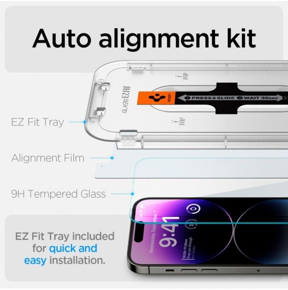 Härdat glas för iPhone 14 Pro med Spigen Glas.tR EZ FIT applikator (2 st.)