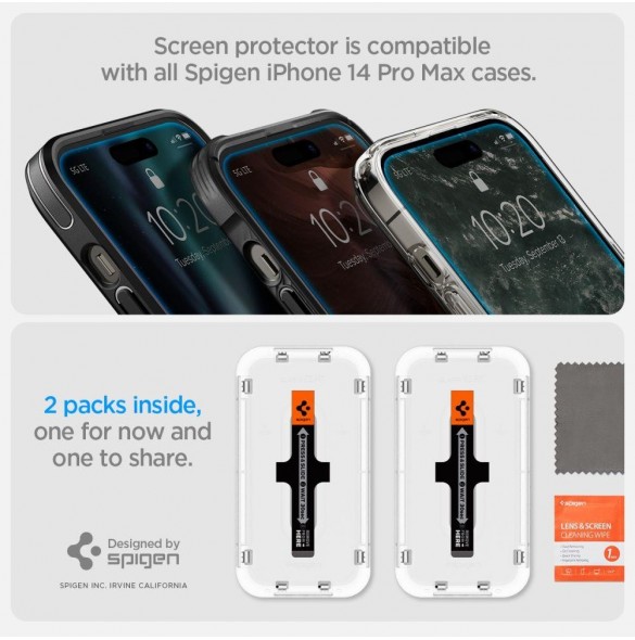 Härdat glas för iPhone 14 Pro med Spigen Glas.tR EZ FIT applikator (2 st.)