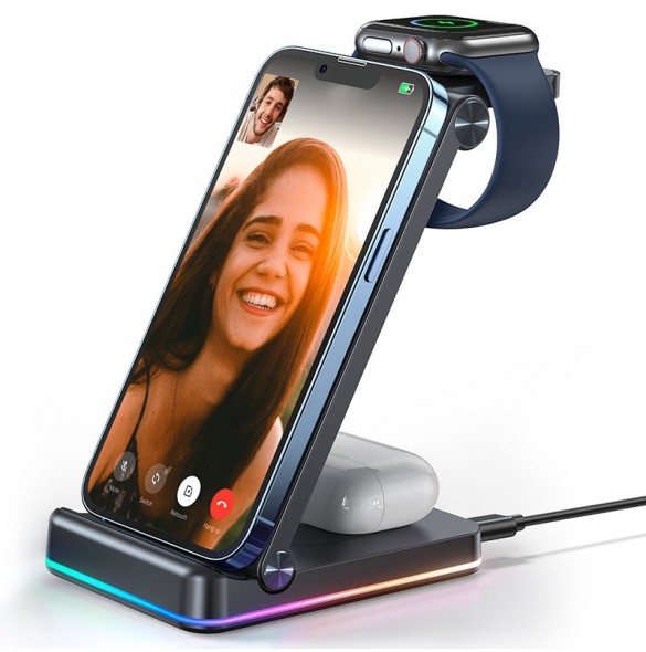 Joyroom 3in1 induktionsladdare för Apple-enheter - iPhone, Apple Watch, Airpods (upp till 15W) stativ svart (JR-WQN01)