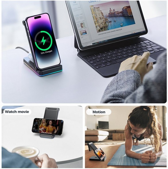 Joyroom 3in1 induktionsladdare för Apple-enheter - iPhone, Apple Watch, Airpods (upp till 15W) stativ svart (JR-WQN01)