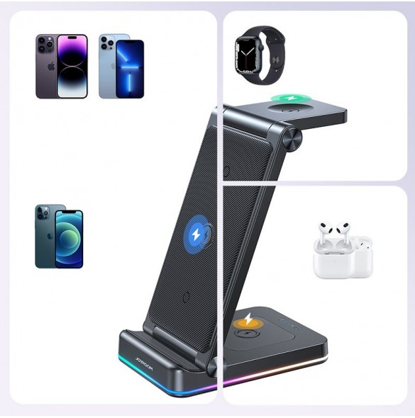 Joyroom 3in1 induktionsladdare för Apple-enheter - iPhone, Apple Watch, Airpods (upp till 15W) stativ svart (JR-WQN01)