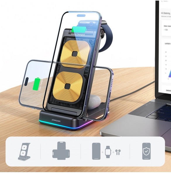 Joyroom 3in1 induktionsladdare för Apple-enheter - iPhone, Apple Watch, Airpods (upp till 15W) stativ svart (JR-WQN01)
