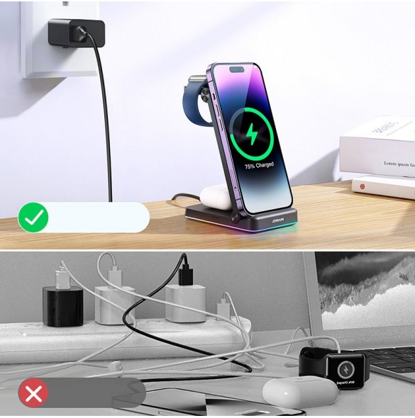 Joyroom 3in1 induktionsladdare för Apple-enheter - iPhone, Apple Watch, Airpods (upp till 15W) stativ svart (JR-WQN01)