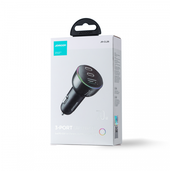 Joyroom billaddare 70W med 3 portar: USB, 2 x USB C svart (JR-CL26)