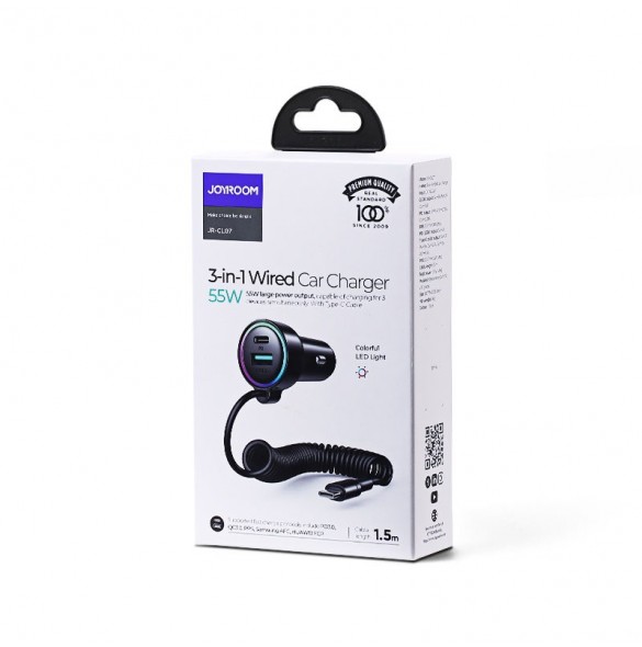 Joyroom snabb billaddare 3 i 1 med USB Type C-kabel 1,5m 55W svart (JR-CL07)