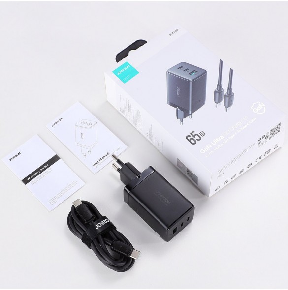 Joyroom snabbladdare GaN 65W USB, 2x USB C svart + USB C-kabel - USB C 100W 1,2m (TCG01)