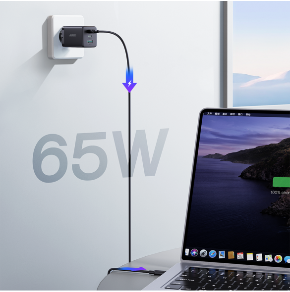 Joyroom snabbladdare GaN 65W USB, 2x USB C svart + USB C-kabel - USB C 100W 1,2m (TCG01)