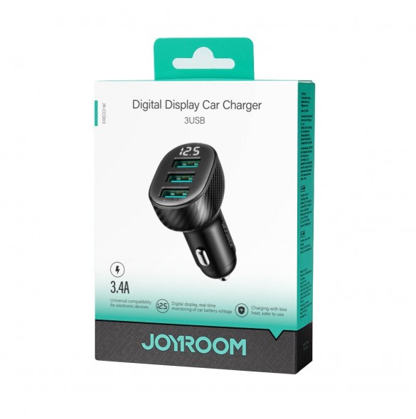 Joyroom JR-CCD03 3.4A billaddare med 3x USB-A display - svart