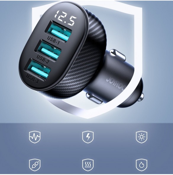 Joyroom JR-CCD03 3.4A billaddare med 3x USB-A display - svart