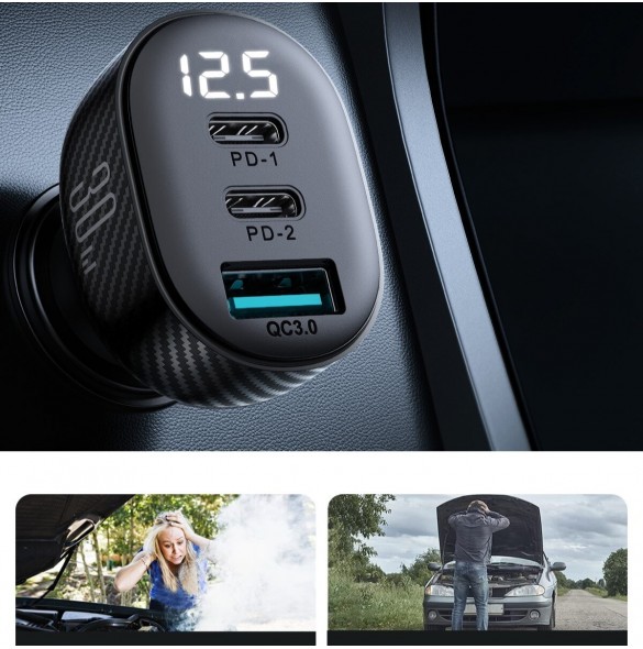 Joyroom JR-CCD04 30W 2x USB-C USB-A billaddare med display - svart