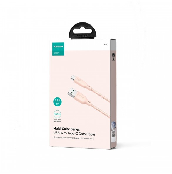 Joyroom Multi-Color Series SA34-AC6 USB-A / USB-C-kabel 100W Snabböverföring 1m - Rosa