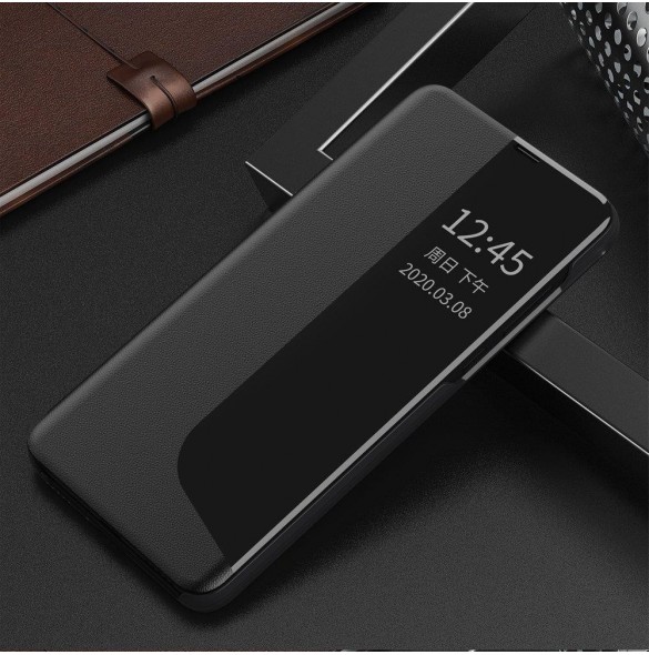 Eco Leather View Case elegant bokhylla fodral med stöd för Huawei P40 Lite E svart