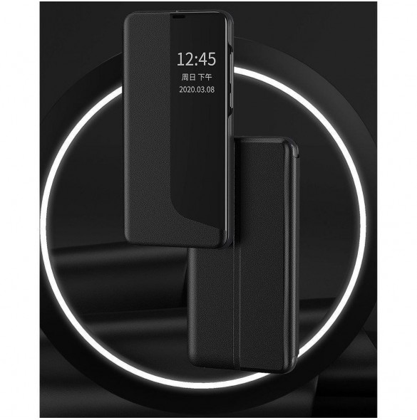 Eco Leather View Case elegant bokhylla fodral med stöd för Huawei P40 Lite E svart