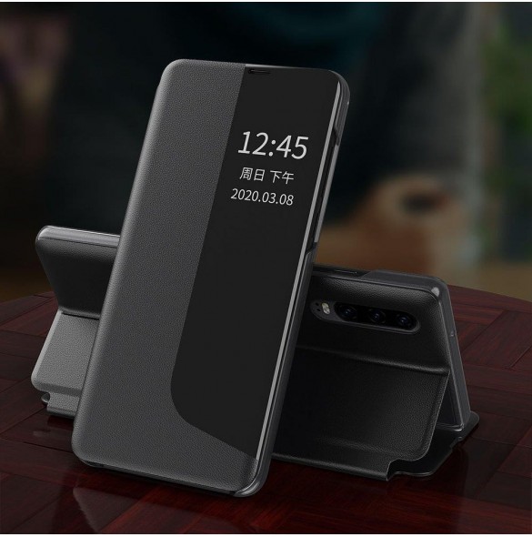 Eco Leather View Case elegant bokhylla fodral med stöd för Huawei P40 Lite E svart