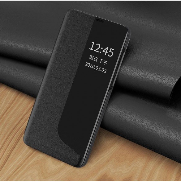 Eco Leather View Case elegant bokhylla fodral med stöd för Huawei P40 Lite E svart
