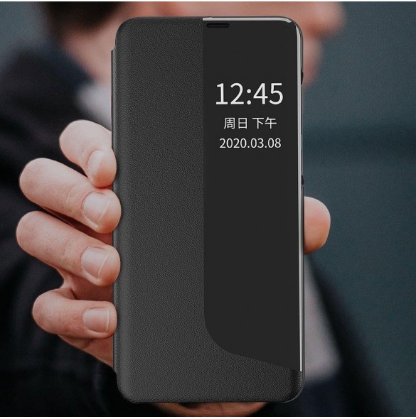 Eco Leather View Case elegant bokhylla fodral med stöd för Huawei P40 Lite E svart