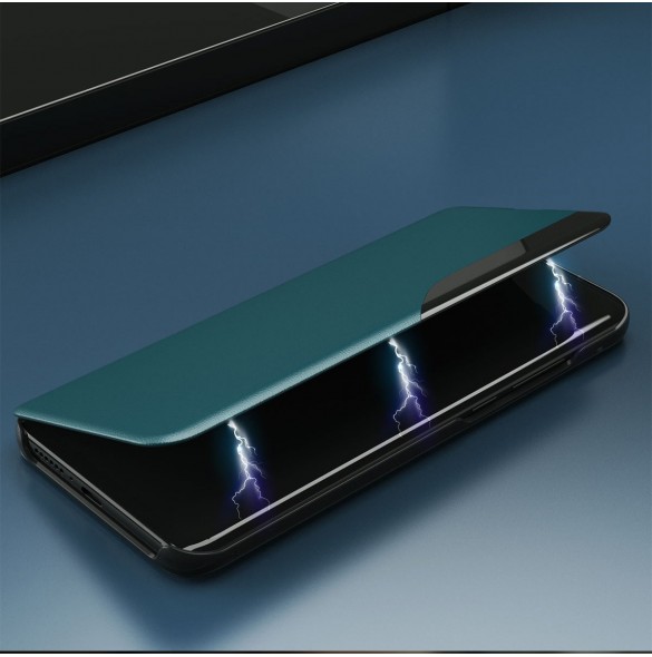 Eco Leather View Case elegant bookcase type case with kickstand for iPhone 13 blue