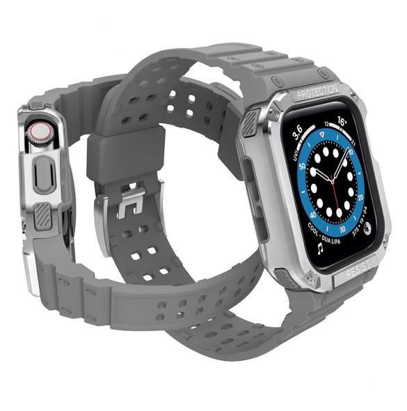 Protect Strap Band med fodral för Apple Watch 7 / SE (45/44 / 42 mm) fodral Pansarklocka Grått